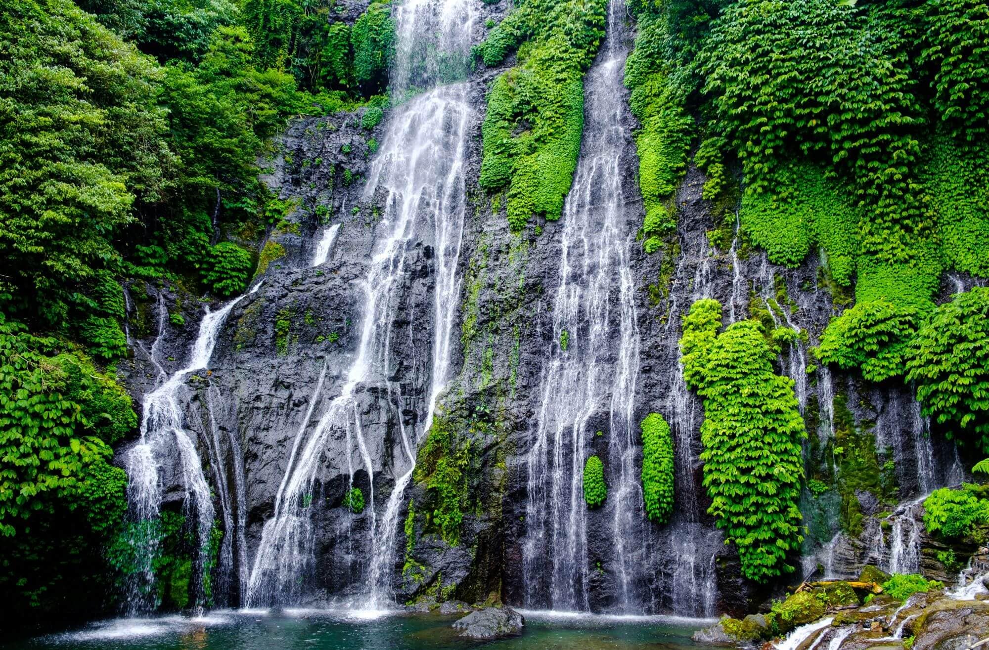 The cascades of Banyumala Twin Waterfalls pouring down a moss-covered rock face into a turquoise pool
